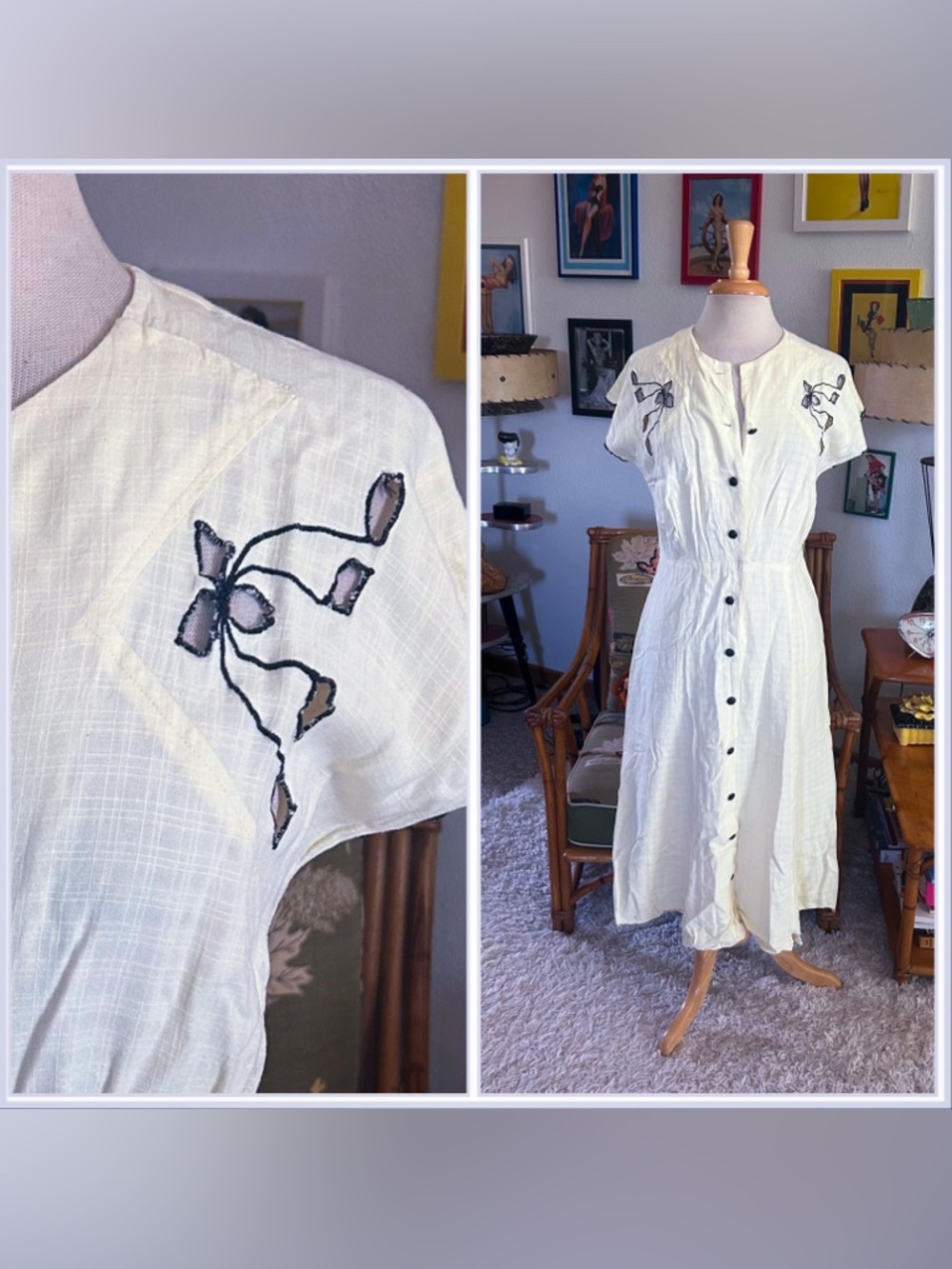 Vintage 1940s Dress | Yellow |  Shirtwaist | Cut-outs | M L | 40s  | TLC
